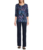 Allison Daley Petite Size Abstract Herringbone Print Embellished 3/4 Ruched Sleeve Crew Neck Abstract Tee Shirt