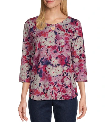 Allison Daley Petite Size Apple Blooms Print 3/4 Sleeve Keyhole Neck Knot Knit Top