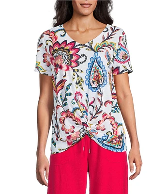 Allison Daley Petite Size Arabesque Floral Print Short Sleeve V-Neck Twist Hem Slub Jersey Knit Top