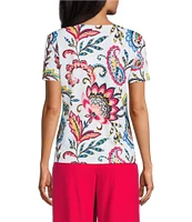Allison Daley Petite Size Arabesque Floral Print Short Sleeve V-Neck Twist Hem Slub Jersey Knit Top