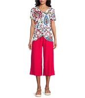 Allison Daley Petite Size Arabesque Floral Print Short Sleeve V-Neck Twist Hem Slub Jersey Knit Top