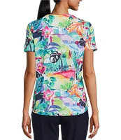 Allison Daley Petite Size Balinese Breeze Print Short Sleeve Crew Neck Knit Top