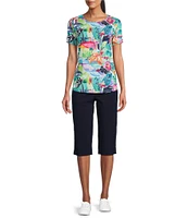 Allison Daley Petite Size Balinese Breeze Print Short Sleeve Crew Neck Knit Top