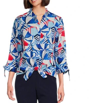 Allison Daley Petite Size Beach Umbrella Print 3/4 Tie Sleeve Y-Neck Tie Hem Blouse