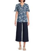 Allison Daley Petite Size Blooming Flowers Print Short Tie Sleeve Y-Neck Button Front Pintuck Blouse