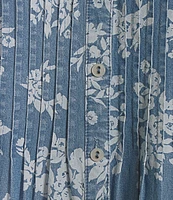 Allison Daley Petite Size Blooming Flowers Print Short Tie Sleeve Y-Neck Button Front Pintuck Blouse