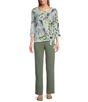 Allison Daley Petite Size Botanical Song Print 3/4 Sleeve Keyhole Neck Tie Hem Eyelet Jacquard Knit Top