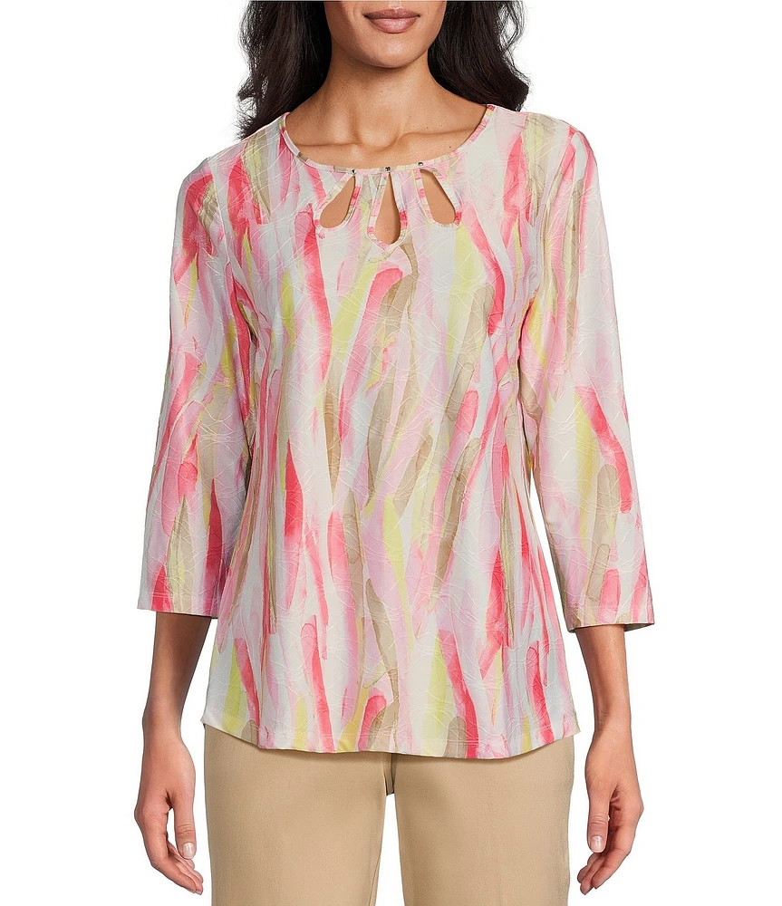Allison Daley Petite Size Brushed Fun Stripe Print 3/4 Sleeve Triple Keyhole Neck Knit Top