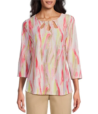 Allison Daley Petite Size Brushed Fun Stripe Print 3/4 Sleeve Triple Keyhole Neck Knit Top