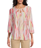 Allison Daley Petite Size Brushed Fun Stripe Print 3/4 Sleeve Triple Keyhole Neck Knit Top