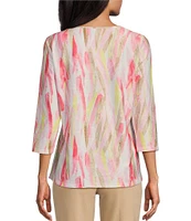 Allison Daley Petite Size Brushed Fun Stripe Print 3/4 Sleeve Triple Keyhole Neck Knit Top