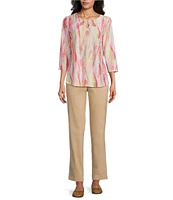 Allison Daley Petite Size Brushed Fun Stripe Print 3/4 Sleeve Triple Keyhole Neck Knit Top