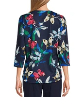 Allison Daley Petite Size Butterfly Print 3/4 Sleeve Crew Neck Knit Top