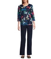 Allison Daley Petite Size Butterfly Print 3/4 Sleeve Crew Neck Knit Top