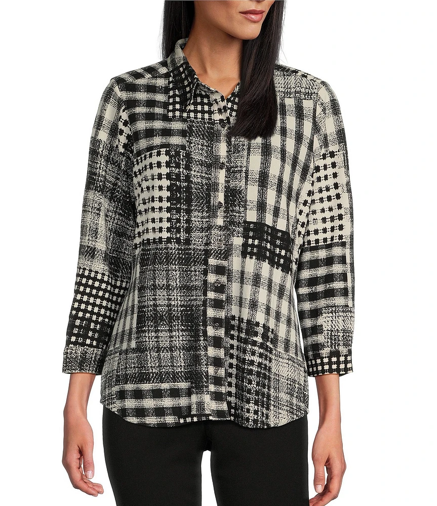 Allison Daley Petite Size Cabin Patchwork Print 3/4 Sleeve Point Collar Button Front Shirt