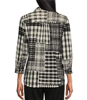 Allison Daley Petite Size Cabin Patchwork Print 3/4 Sleeve Point Collar Button Front Shirt