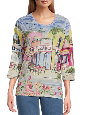 Allison Daley Petite Size Cafe Social Print 3/4 Sleeve Crew Neckline Knit Top
