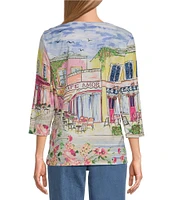 Allison Daley Petite Size Cafe Social Print 3/4 Sleeve Crew Neckline Knit Top