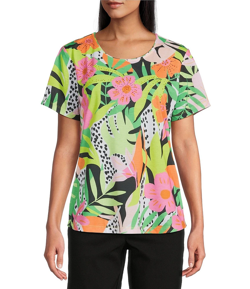 Allison Daley Petite Size Tropical Calypso Holiday Print Short Sleeve Crew Neck Knit Top