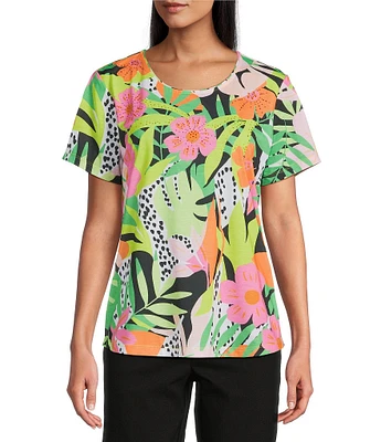 Allison Daley Petite Size Tropical Calypso Holiday Print Short Sleeve Crew Neck Knit Top