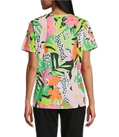Allison Daley Petite Size Tropical Calypso Holiday Print Short Sleeve Crew Neck Knit Top
