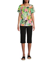 Allison Daley Petite Size Tropical Calypso Holiday Print Short Sleeve Crew Neck Knit Top