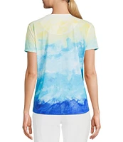 Allison Daley Petite Size Cool Sunset Print Short Sleeve Crew Neck Knit Top