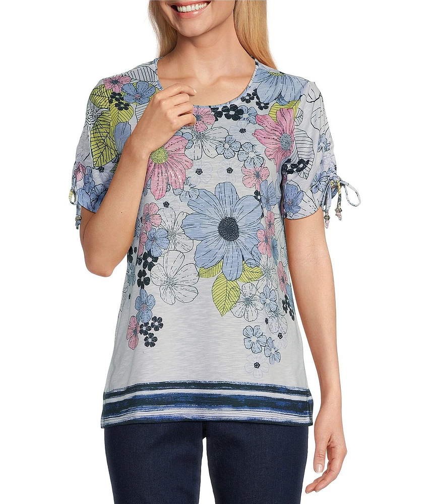 Allison Daley Petite Size Daisy Cascade Border Print Short Ruched Tie Sleeve Crew Neck Knit Top