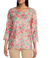 Allison Daley Petite Size Embellished Cheerful Daisy Print 3/4 Sleeve Crew Neck Knit Top