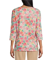Allison Daley Petite Size Embellished Cheerful Daisy Print 3/4 Sleeve Crew Neck Knit Top