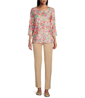 Allison Daley Petite Size Embellished Cheerful Daisy Print 3/4 Sleeve Crew Neck Knit Top