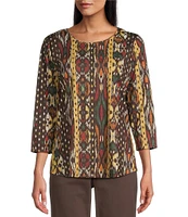 Allison Daley Petite Size Embellished Diamond Ikat Print 3/4 Sleeve Crew Neck Knit Top