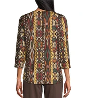 Allison Daley Petite Size Embellished Diamond Ikat Print 3/4 Sleeve Crew Neck Knit Top