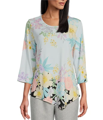 Allison Daley Petite Size Embellished Floral Print 3/4 Sleeve Crew Neck Asymmetrical Hem Knit Top