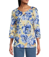 Allison Daley Petite Size Embellished Floral Print 3/4 Sleeve Keyhole Neck Knit Top