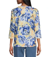 Allison Daley Petite Size Embellished Floral Print 3/4 Sleeve Keyhole Neck Knit Top