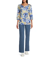 Allison Daley Petite Size Embellished Floral Print 3/4 Sleeve Keyhole Neck Knit Top
