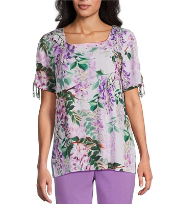 Allison Daley Petite Size Embellished Floral Print Short Ruched Tie Sleeve Square Neck Knit Top