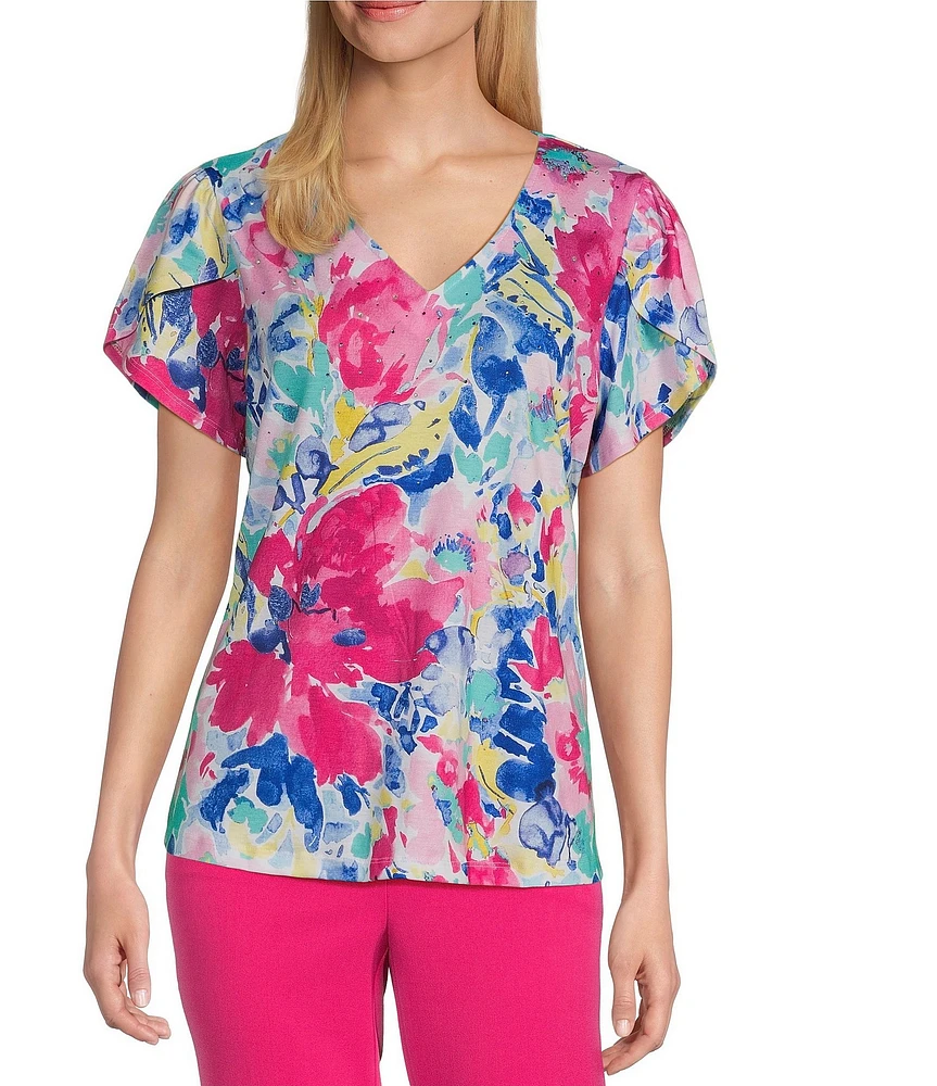Allison Daley Petite Size Embellished Floral Print Short Tulip Sleeve V-Neck Knit Top