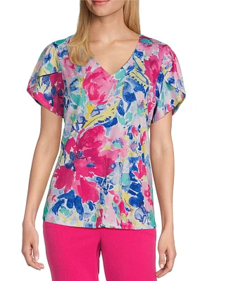 Allison Daley Petite Size Embellished Floral Print Short Tulip Sleeve V-Neck Knit Top