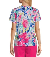 Allison Daley Petite Size Embellished Floral Print Short Tulip Sleeve V-Neck Knit Top