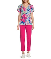 Allison Daley Petite Size Embellished Floral Print Short Tulip Sleeve V-Neck Knit Top