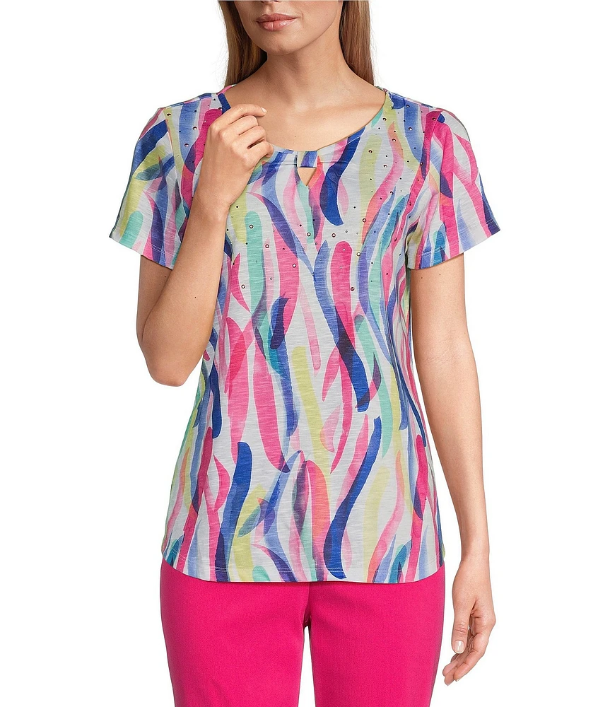 Allison Daley Petite Size Embellished Fun Stripe Print Short Sleeve Keyhole Neck Knit Top