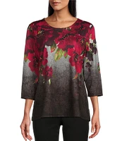 Allison Daley Petite Size Embellished Magnified Floral Print 3/4 Sleeve Scoop Neck Knit Top