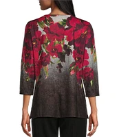 Allison Daley Petite Size Embellished Magnified Floral Print 3/4 Sleeve Scoop Neck Knit Top