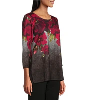 Allison Daley Petite Size Embellished Magnified Floral Print 3/4 Sleeve Scoop Neck Knit Top