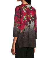 Allison Daley Petite Size Embellished Magnified Floral Print 3/4 Sleeve Scoop Neck Knit Top