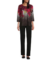 Allison Daley Petite Size Embellished Magnified Floral Print 3/4 Sleeve Scoop Neck Knit Top