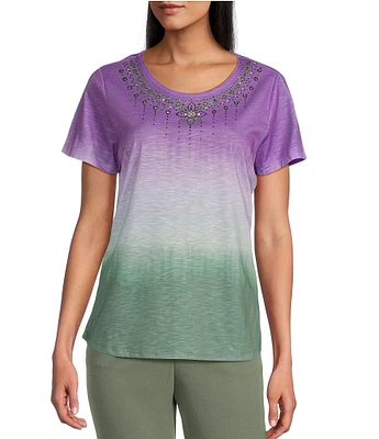 Allison Daley Petite Size Embellished Ombre Print Short Sleeve Crew Neck Knit Top