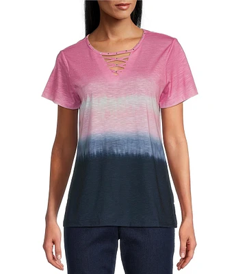 Allison Daley Petite Size Embellished Ombre Print Short Sleeve Keyhole Neck Knit Top